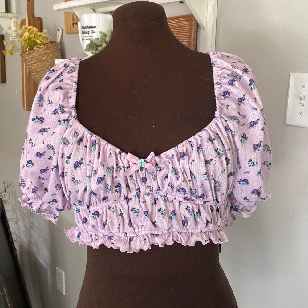 For Love & Lemons Lola Pointelle crop top size large purple floral